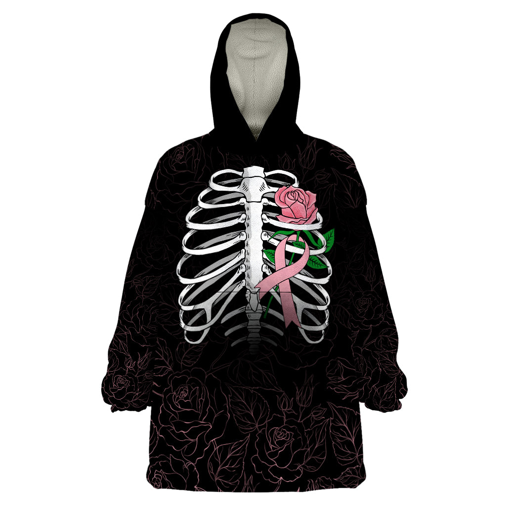 In October We Wear Pink Breast Cancer Awareness Wearable Blanket Hoodie Skull and Roses - Black - Wonder Print Shop