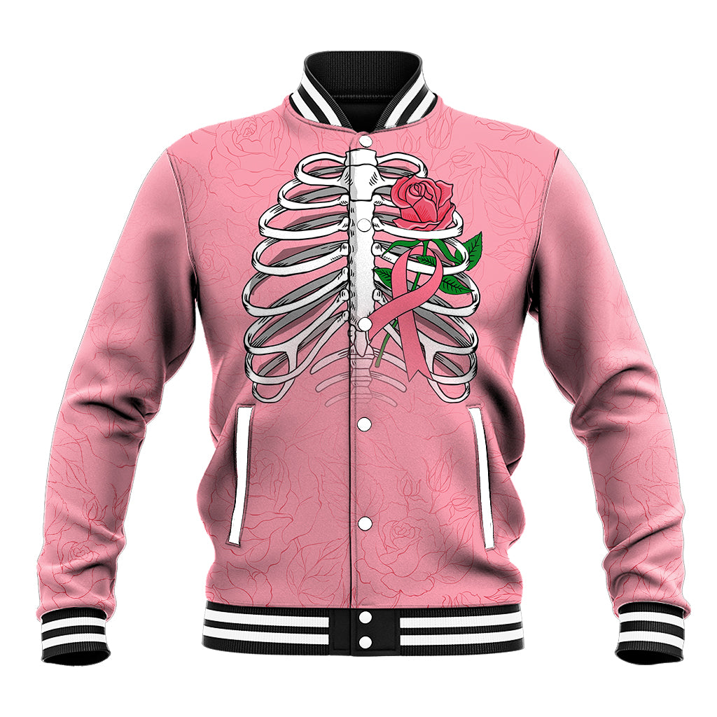 Pink baseball jacket with ribcage skull rose graphic, striped collar and cuffs