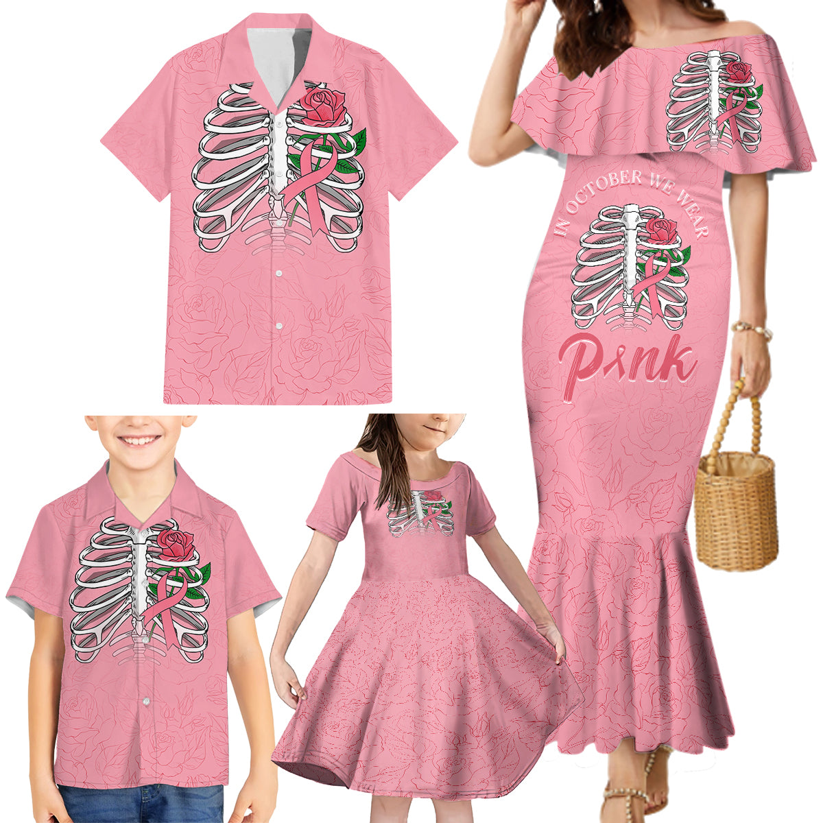 In October We Wear Pink Breast Cancer Awareness Family Matching Mermaid Dress and Hawaiian Shirt Skull and Roses - Pink LT7 - Wonder Print Shop