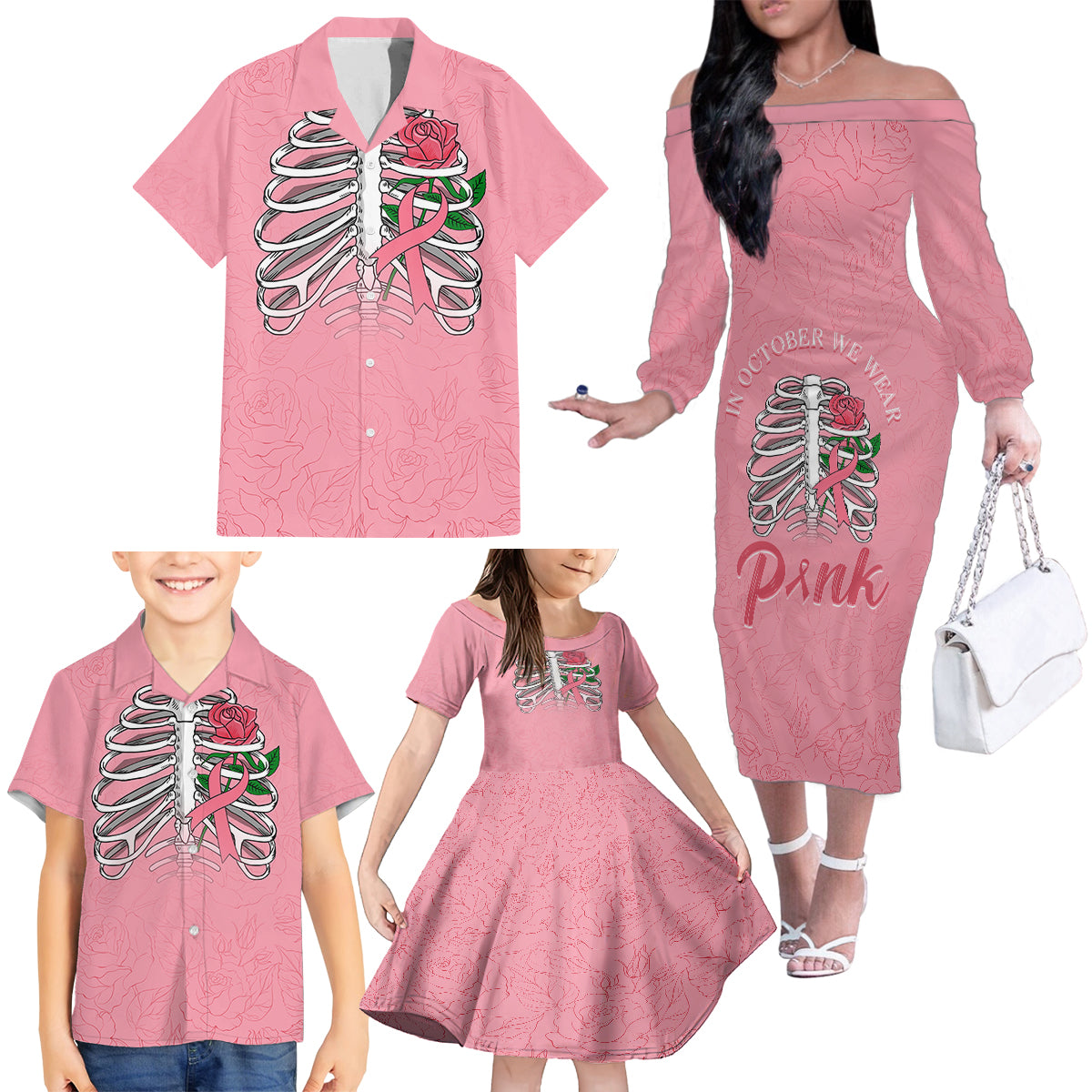 In October We Wear Pink Breast Cancer Awareness Family Matching Off Shoulder Long Sleeve Dress and Hawaiian Shirt Skull and Roses - Pink - Wonder Print Shop