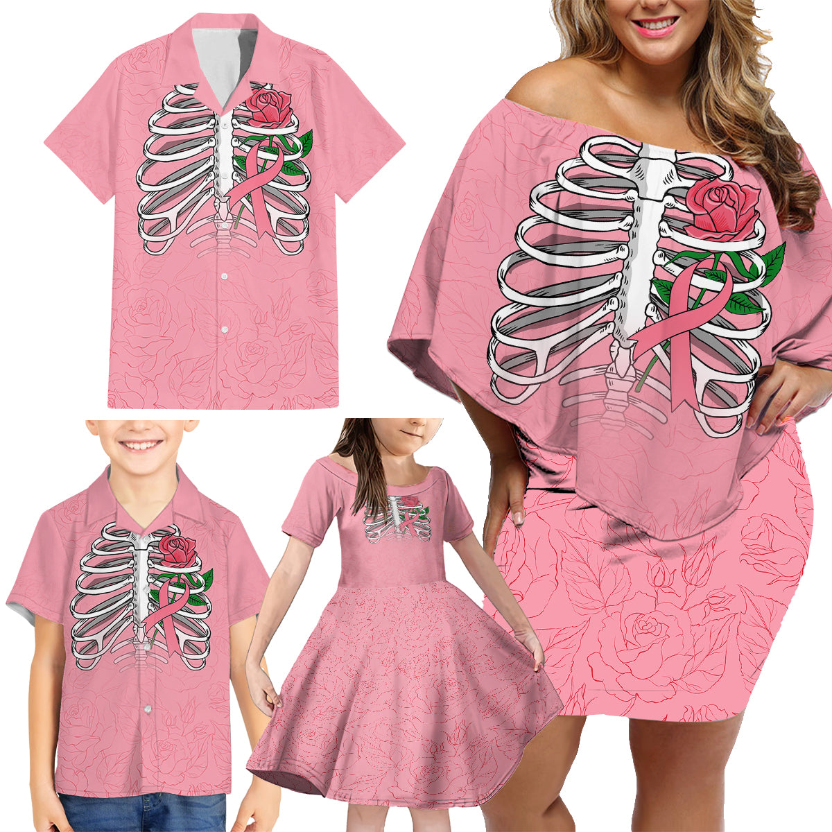 In October We Wear Pink Breast Cancer Awareness Family Matching Off Shoulder Short Dress and Hawaiian Shirt Skull and Roses - Pink LT7 - Wonder Print Shop