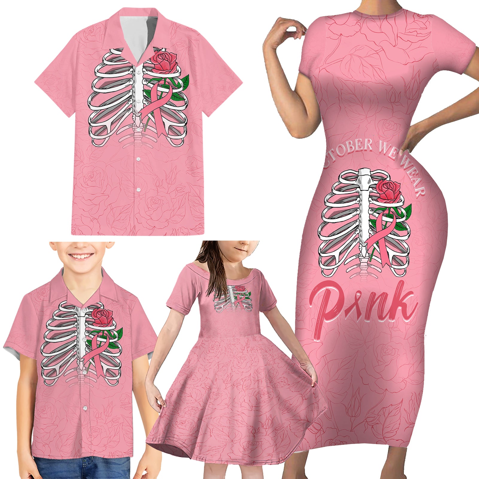 In October We Wear Pink Breast Cancer Awareness Family Matching Short Sleeve Bodycon Dress and Hawaiian Shirt Skull and Roses - Pink - Wonder Print Shop