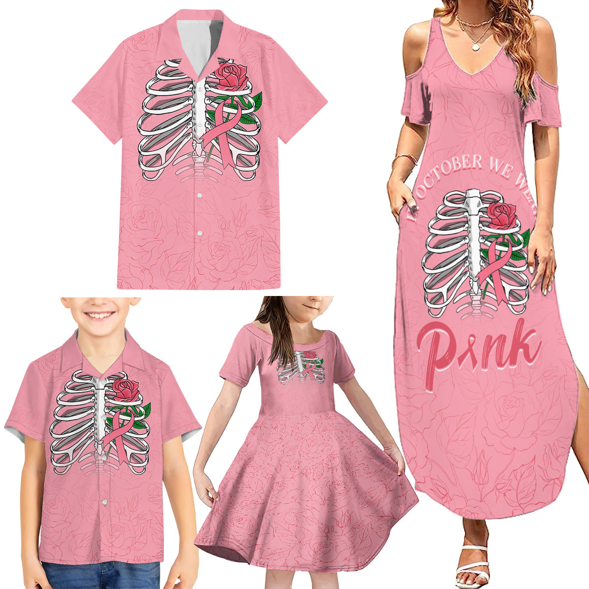 In October We Wear Pink Breast Cancer Awareness Family Matching Summer Maxi Dress and Hawaiian Shirt Skull and Roses - Pink - Wonder Print Shop