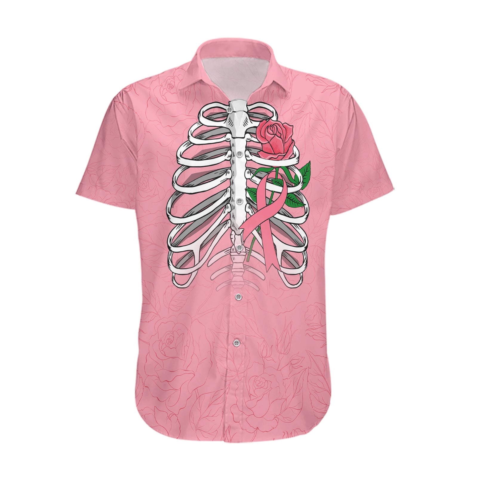 In October We Wear Pink Breast Cancer Awareness Hawaiian Shirt Skull and Roses - Pink - Wonder Print Shop