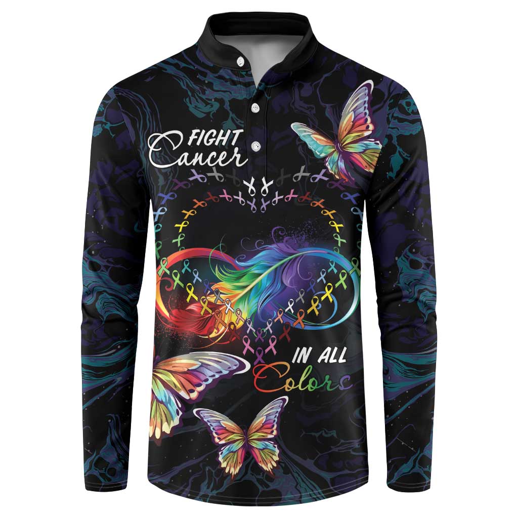Men's long-sleeve button sweatshirt, dark with colorful butterflies and rainbow heart graphic
