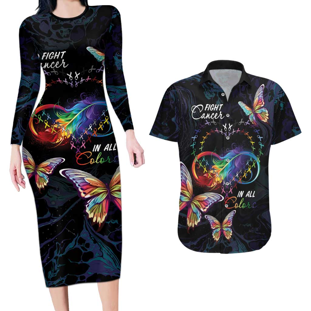 Fight Cancer In All Colors Couples Matching Long Sleeve Bodycon Dress and Hawaiian Shirt Whimsical Butterflies LT7 - Wonder Print Shop