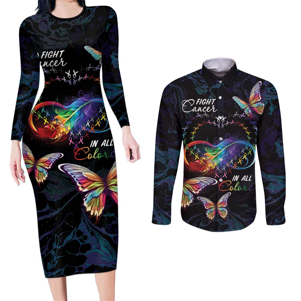 Fight Cancer In All Colors Couples Matching Long Sleeve Bodycon Dress and Long Sleeve Button Shirt Whimsical Butterflies LT7 - Wonder Print Shop