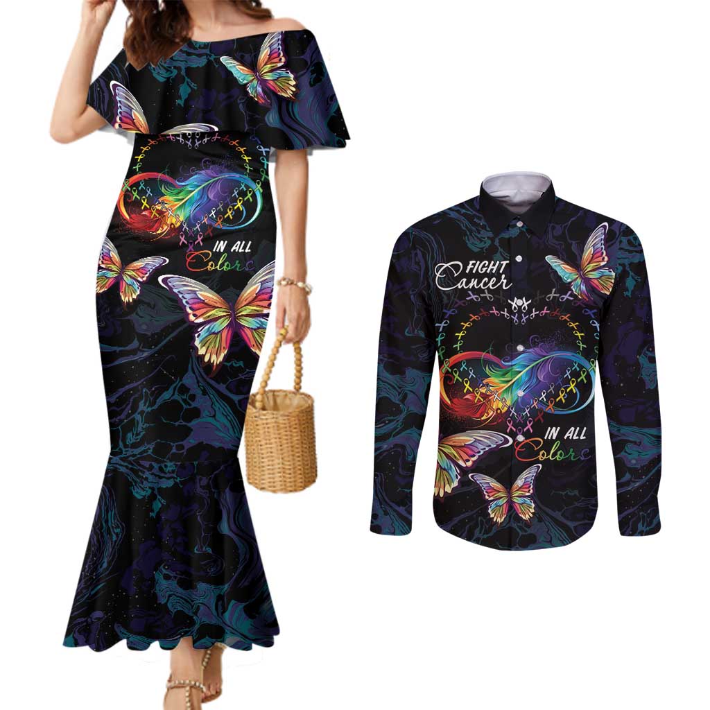 Fight Cancer In All Colors Couples Matching Mermaid Dress and Long Sleeve Button Shirt Whimsical Butterflies