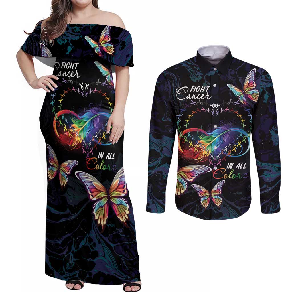 Fight Cancer In All Colors Couples Matching Off Shoulder Maxi Dress and Long Sleeve Button Shirt Whimsical Butterflies LT7 - Wonder Print Shop