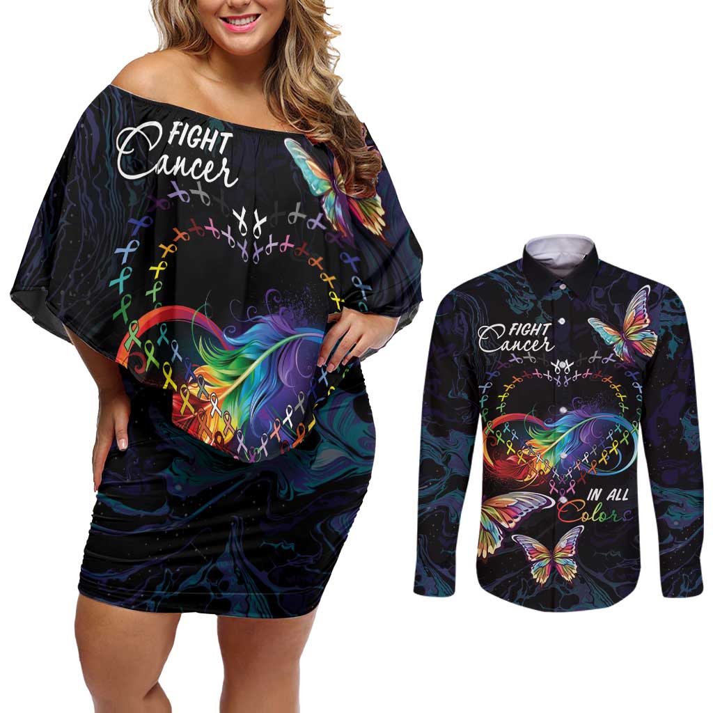 Fight Cancer In All Colors Couples Matching Off Shoulder Short Dress and Long Sleeve Button Shirt Whimsical Butterflies LT7 - Wonder Print Shop