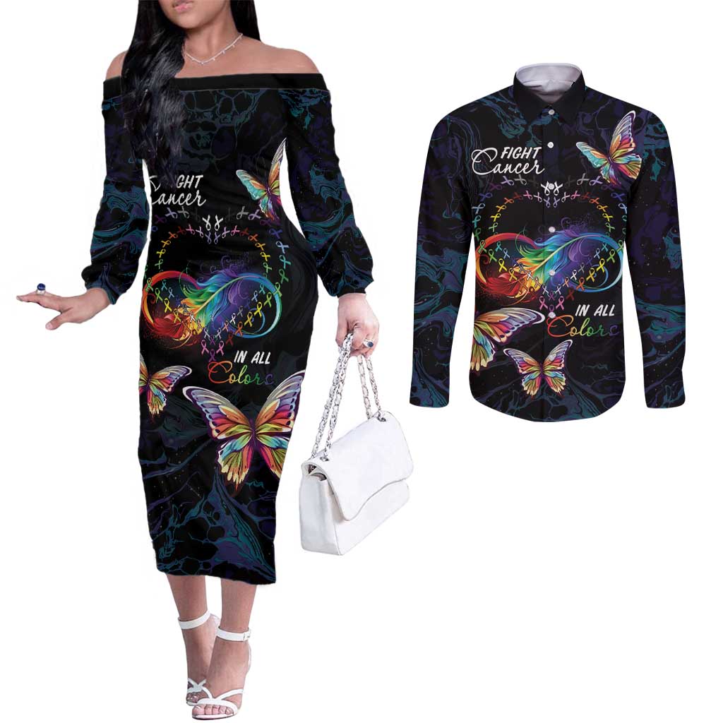 Fight Cancer In All Colors Couples Matching Off The Shoulder Long Sleeve Dress and Long Sleeve Button Shirt Whimsical Butterflies