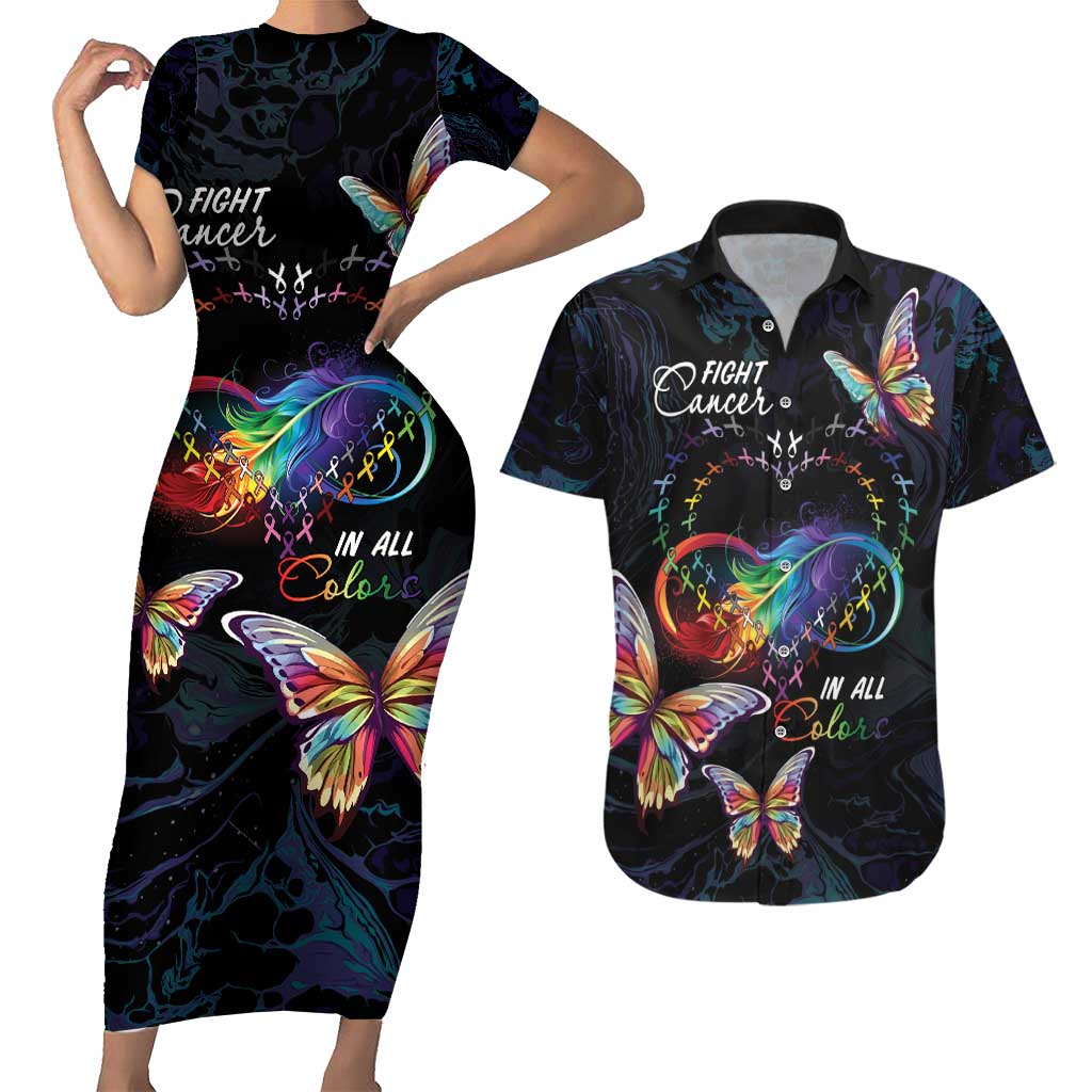 Fight Cancer In All Colors Couples Matching Short Sleeve Bodycon Dress and Hawaiian Shirt Whimsical Butterflies LT7 - Wonder Print Shop