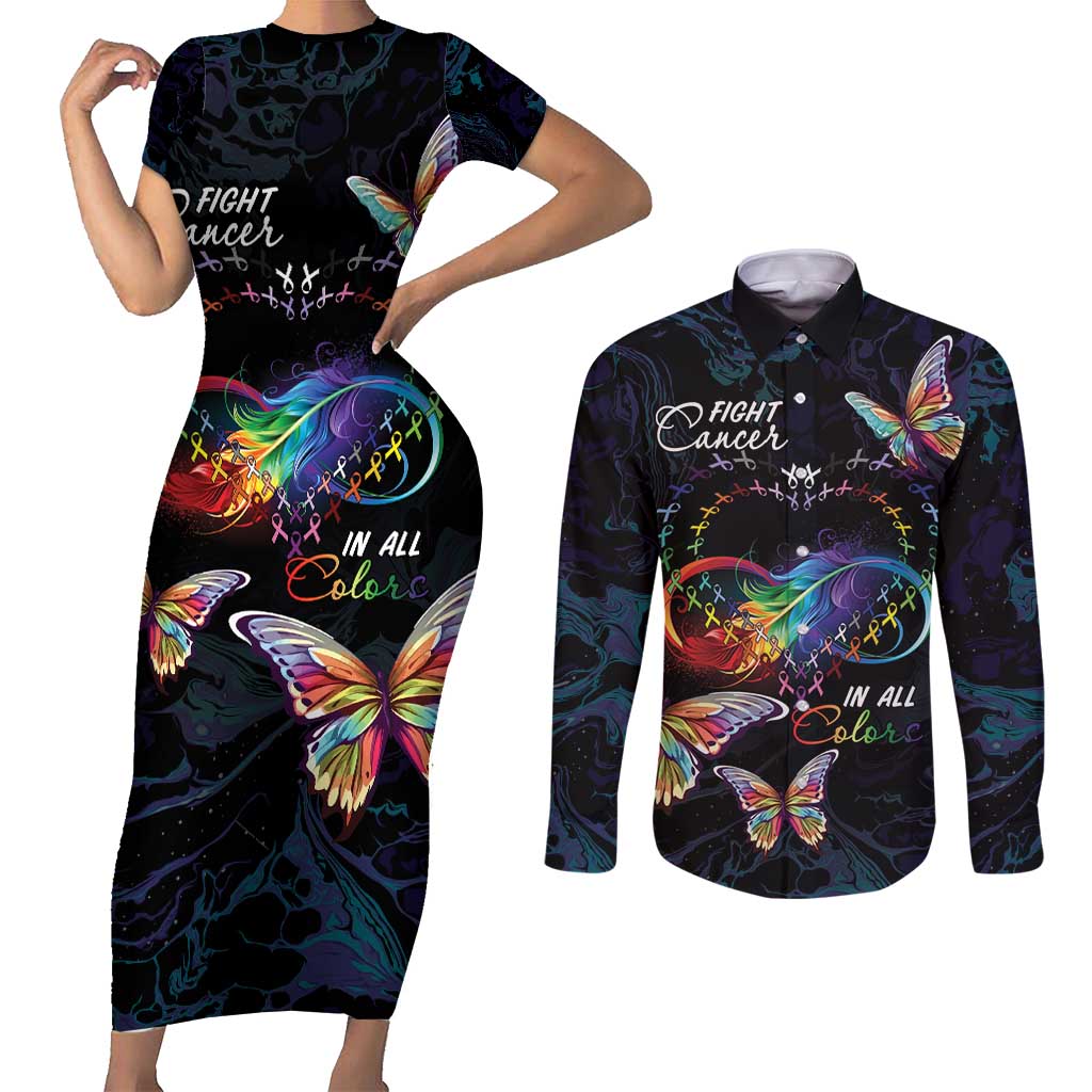 Fight Cancer In All Colors Couples Matching Short Sleeve Bodycon Dress and Long Sleeve Button Shirt Whimsical Butterflies LT7 - Wonder Print Shop