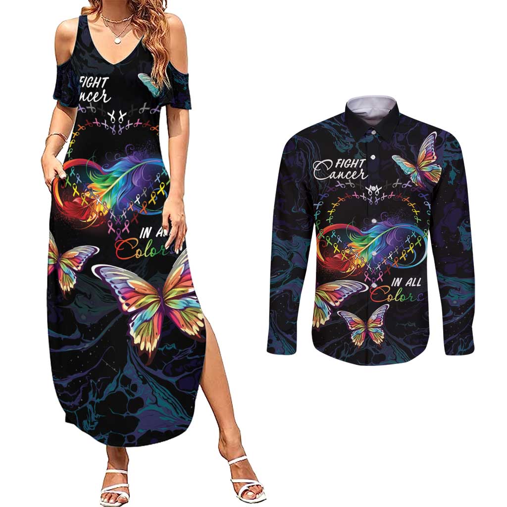 Fight Cancer In All Colors Couples Matching Summer Maxi Dress and Long Sleeve Button Shirt Whimsical Butterflies LT7 - Wonder Print Shop