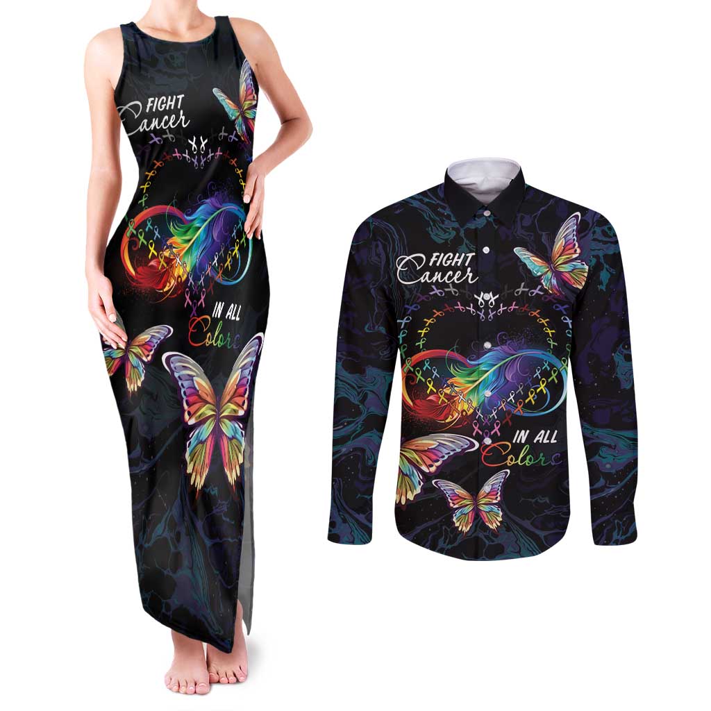 Fight Cancer In All Colors Couples Matching Tank Maxi Dress and Long Sleeve Button Shirt Whimsical Butterflies LT7 - Wonder Print Shop