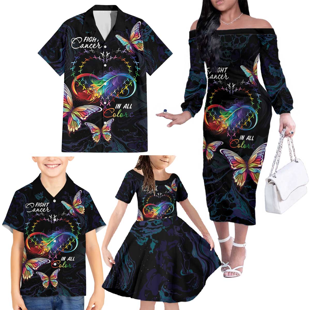 Fight Cancer In All Colors Family Matching Off The Shoulder Long Sleeve Dress and Hawaiian Shirt Whimsical Butterflies - Wonder Print Shop