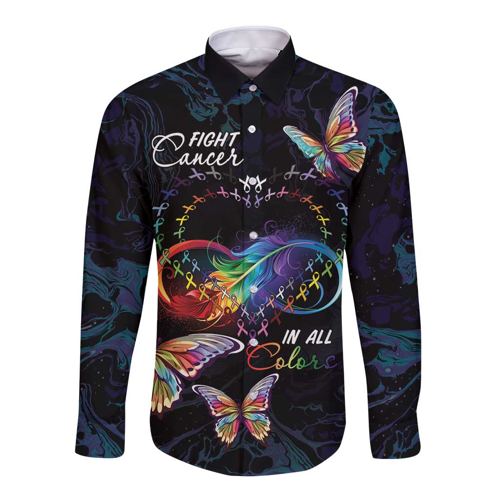 Unisex long-sleeve button shirt with colorful butterfly and ribbon graphic on dark background