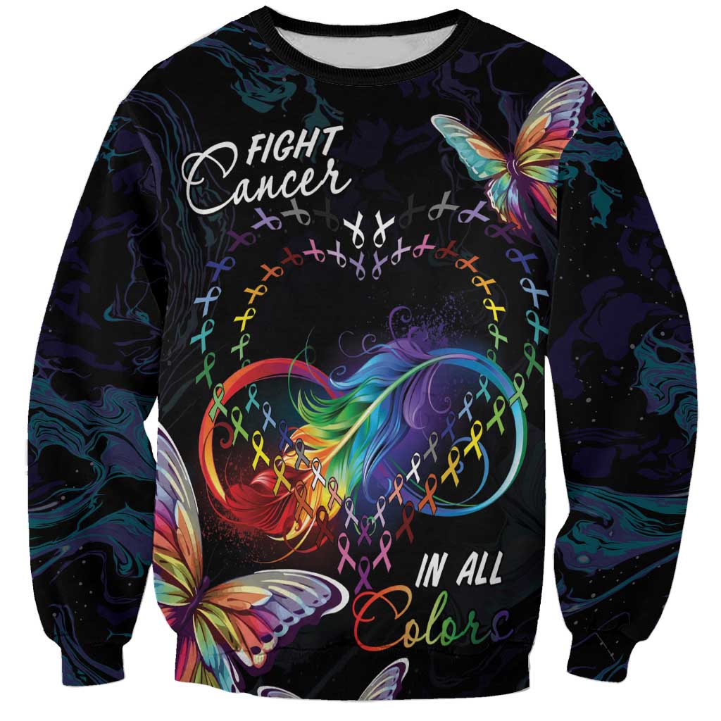 Unisex dark sweatshirt with colorful butterflies, cancer ribbon graphics, and “FIGHT Cancer” text