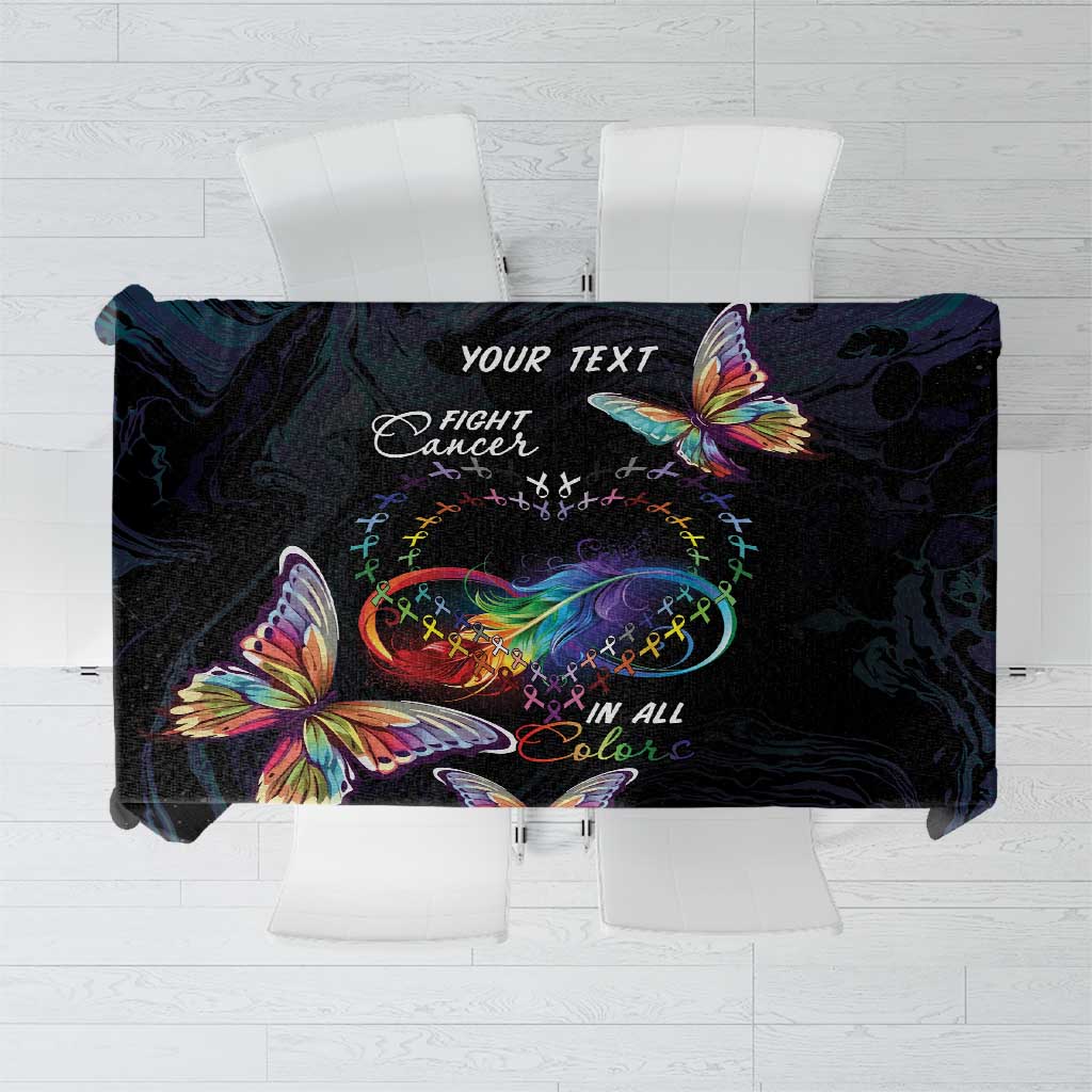 Dark navy tablecloth with colorful butterflies and 'FIGHT CANCER IN ALL Colors' text