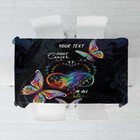 Dark navy tablecloth with colorful butterflies and 'FIGHT CANCER IN ALL Colors' text