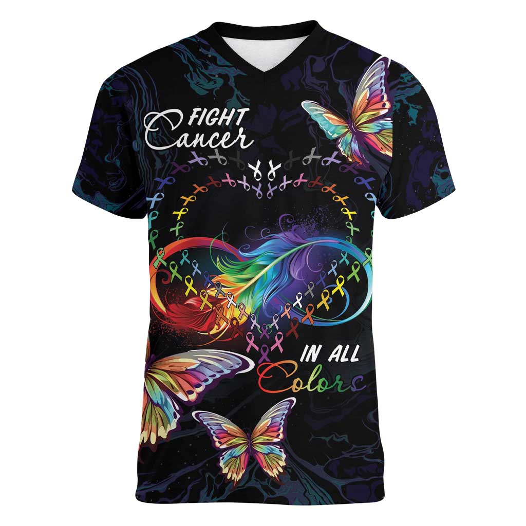 Fight Cancer In All Colors Women V-Neck T-Shirt Whimsical Butterflies