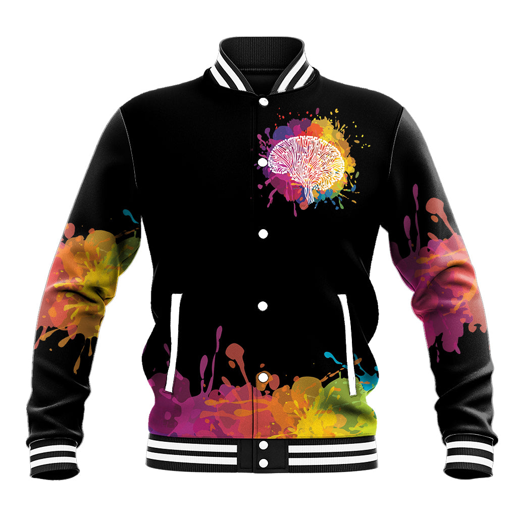 Black unisex baseball jacket with colorful splash graphic, striped collar and cuffs.