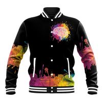 Black unisex baseball jacket with colorful splash graphic, striped collar and cuffs.
