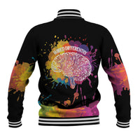 Black unisex baseball jacket, back text 'WIRED DIFFERENTLY' with colorful splash dandelion.
