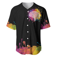 Black baseball jersey with colorful dandelion splash graphic and button-front placket