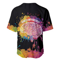 Black baseball jersey, back view, wired differently text over colorful tree dandelion art