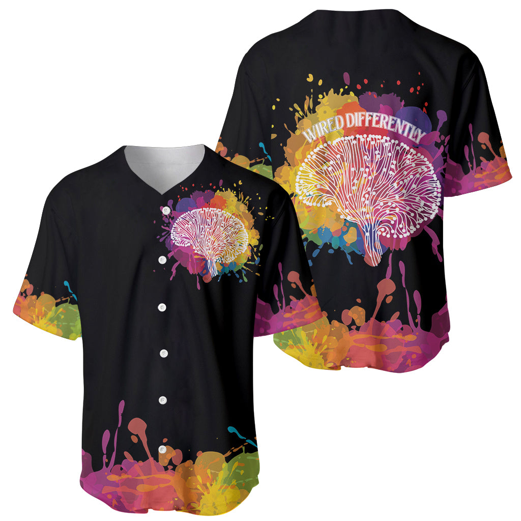 Black baseball jersey pair, front and back, colorful dandelion splatter and buttons