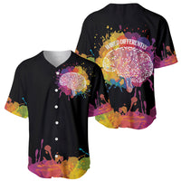 Black baseball jersey pair, front and back, colorful dandelion splatter and buttons