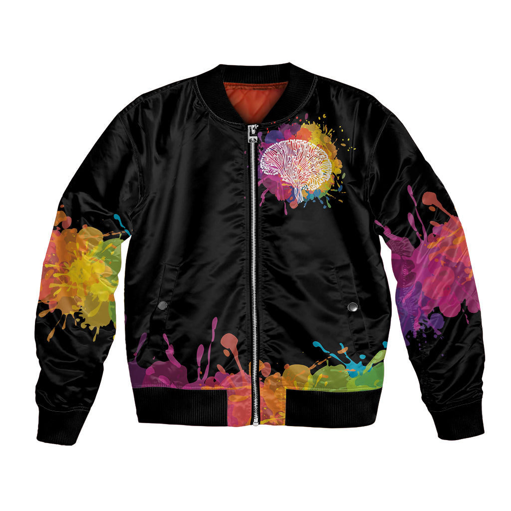 Black unisex bomber jacket, full-zip front, colorful splash tree graphic