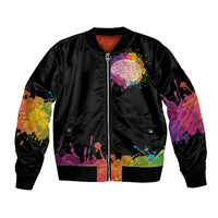Black unisex bomber jacket, full-zip front, colorful splash tree graphic