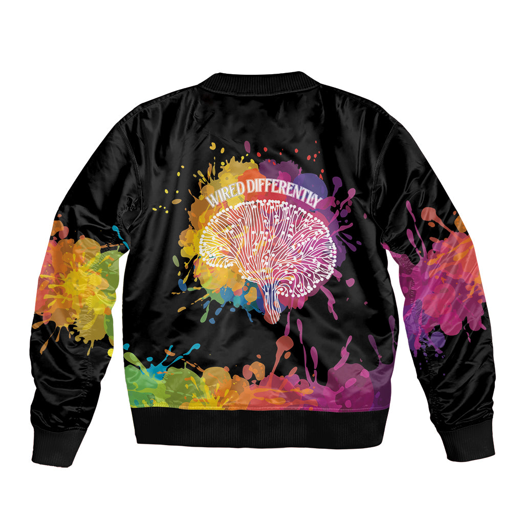 Black unisex bomber jacket, back art with WIRED DIFFERENTLY text and tree