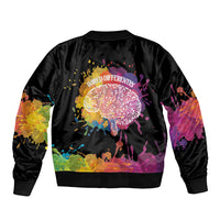 Black unisex bomber jacket, back art with WIRED DIFFERENTLY text and tree