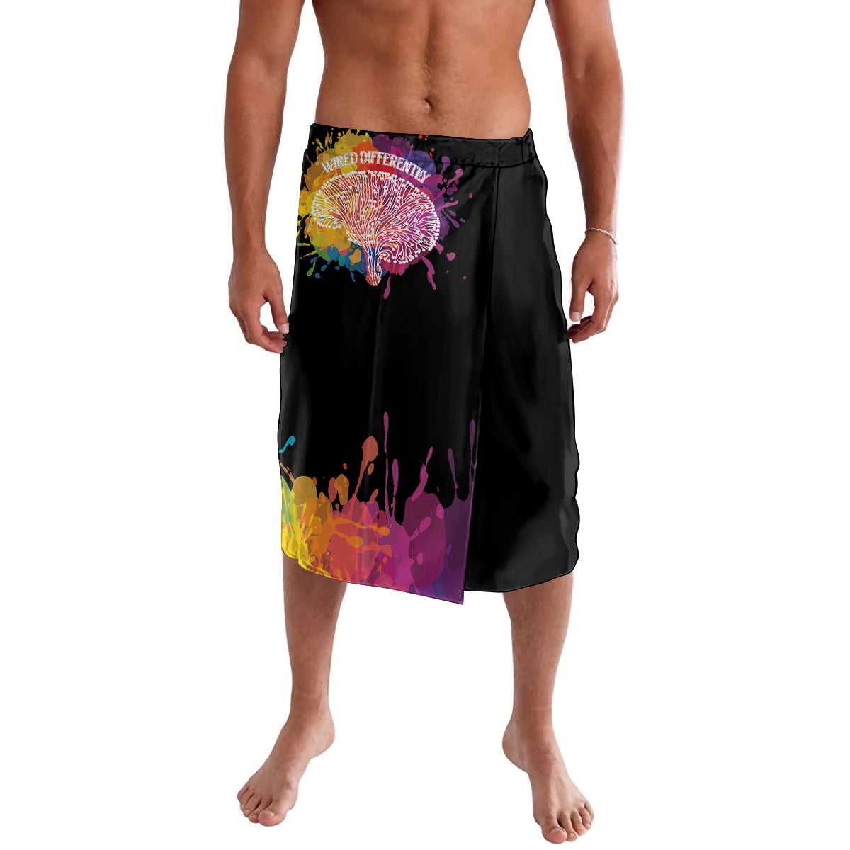 Black knee-length shorts with multicolor splash graphic and drawstring waistband