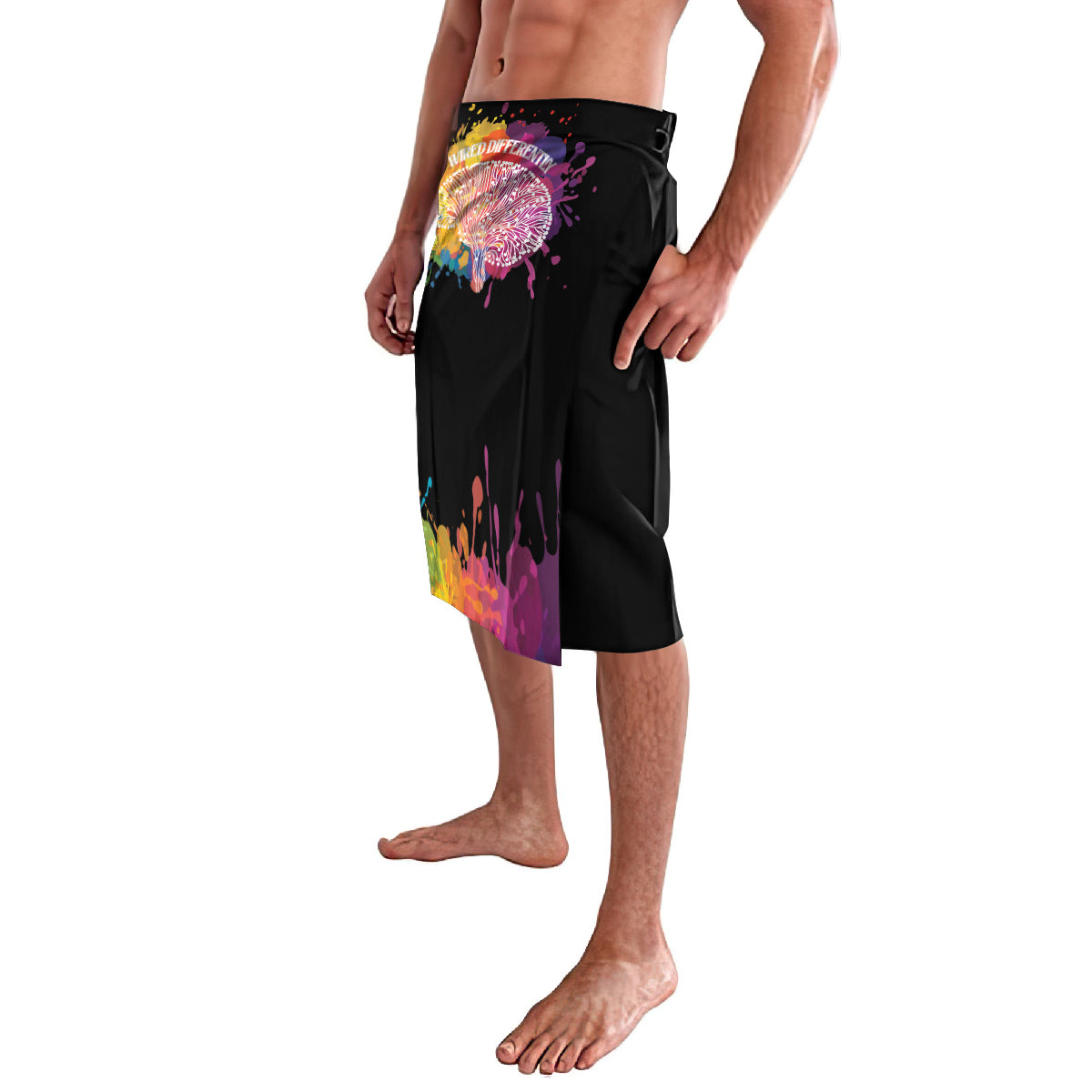 Black knee-length shorts with colorful splash artwork on the left side