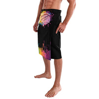 Black knee-length shorts with colorful splash artwork on the left side