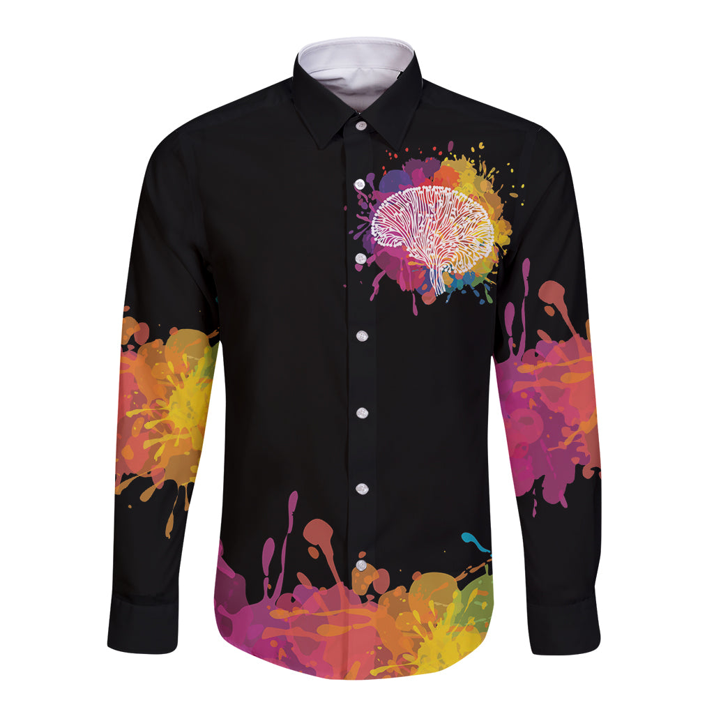 Black long-sleeve button shirt, front graphic with colorful dandelion brain splatter