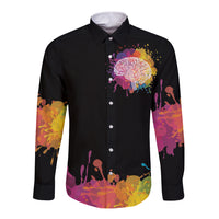 Black long-sleeve button shirt, front graphic with colorful dandelion brain splatter