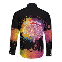 Black long-sleeve button shirt, back graphic with colorful dandelion brain and splash