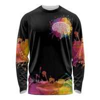 Black long-sleeve shirt with colorful splash tree and abstract figures, crew neck