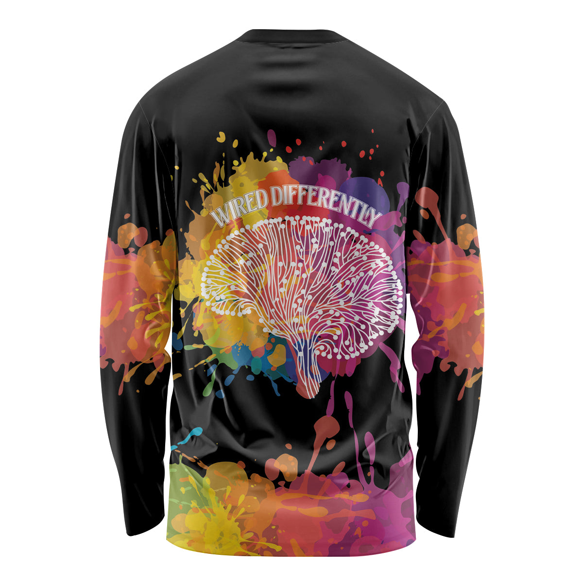 Black long-sleeve shirt, back text WIRED DIFFERENTLY with colorful tree splashes