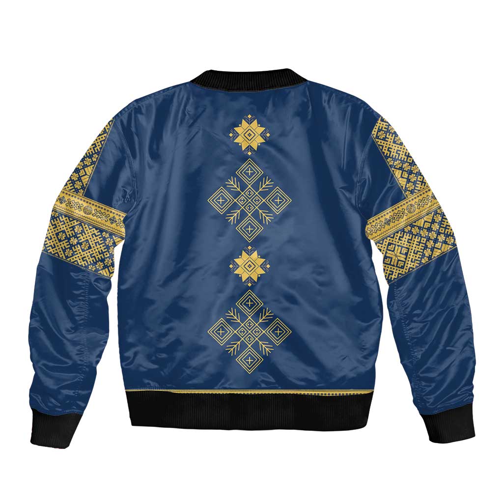 Latvia Jani Midsummer Bomber Jacket Blue Gold Latvijas Auseklis