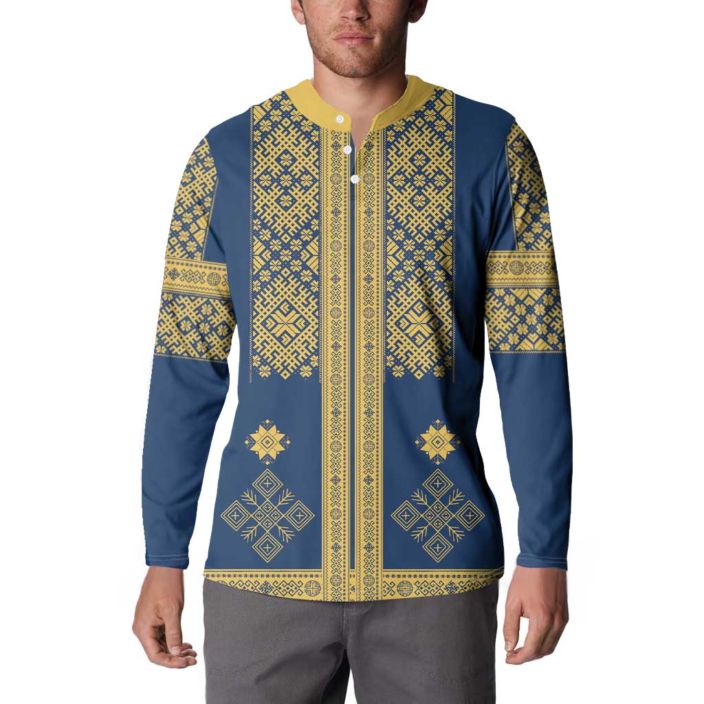 Latvia Jani Midsummer Button Sweatshirt Blue Gold Latvijas Auseklis