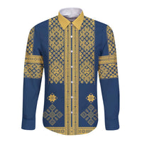 Blue long sleeve button shirt with gold patterned yoke and vertical stripe