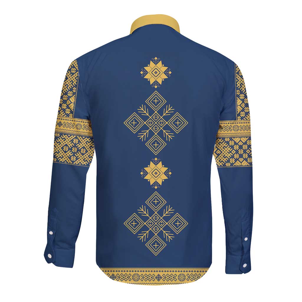 Blue long sleeve button shirt with gold back cross-shaped motif and patterned cuffs