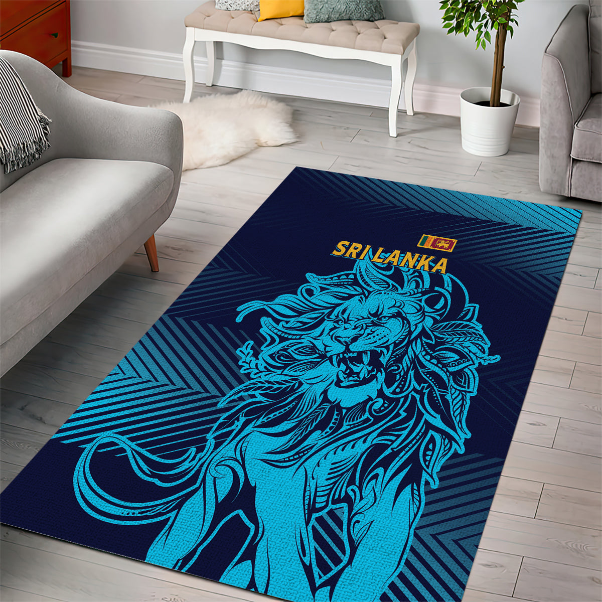 Sri Lanka lion area rug with bold blue gradient and geometric pattern, centered graphic