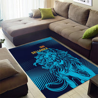 Sri Lanka lion area rug in dark blue with bright turquoise lion outline and geometric border